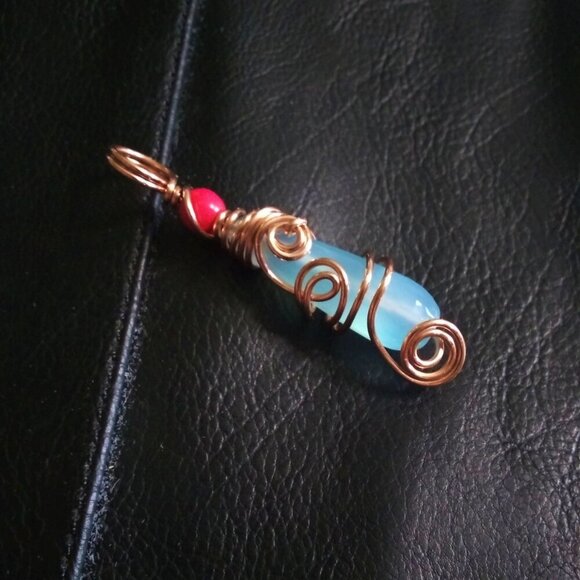 Eclectic Wire Wrapped Blue Agate Teardrop w. Pink Top Bead ~ Handmade Pendant - Picture 4 of 8